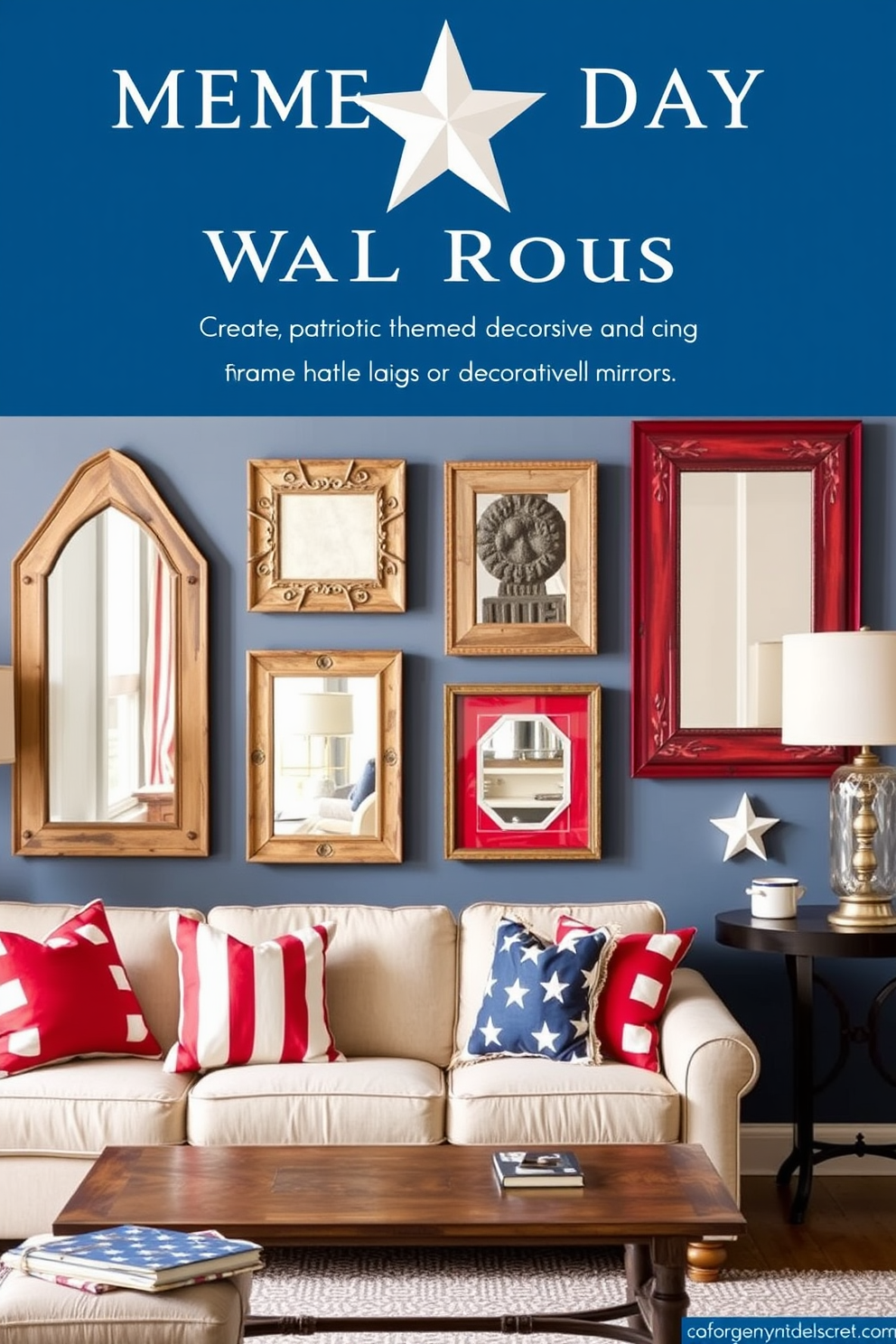 Create a patriotic themed living room featuring decorative wall mirrors that reflect the essence of Memorial Day. The mirrors should be framed in rustic wood with red white and blue accents while being arranged in a visually appealing gallery wall.