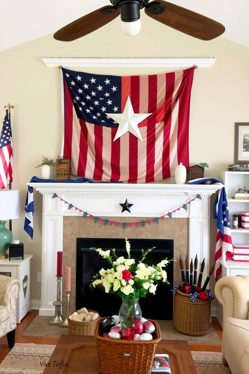 A patriotic living room setting featuring a star spangled banner elegantly draped over the mantel. The mantel is adorned with seasonal decor, including red white and blue accents and fresh flowers in a vase.