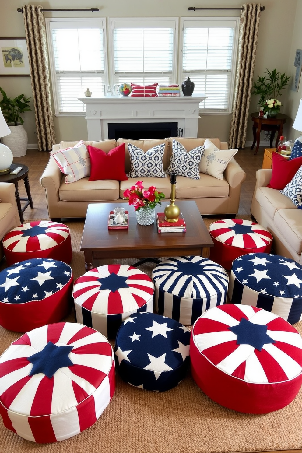 A cozy living room setting featuring star and stripe patterned poufs arranged around a low coffee table. The poufs are in red, white, and blue hues, complementing the patriotic theme of the space. Soft, neutral-colored sofas provide a comfortable seating area, while a large area rug anchors the design. Decorative throw pillows in coordinating colors add a festive touch to the overall decor.