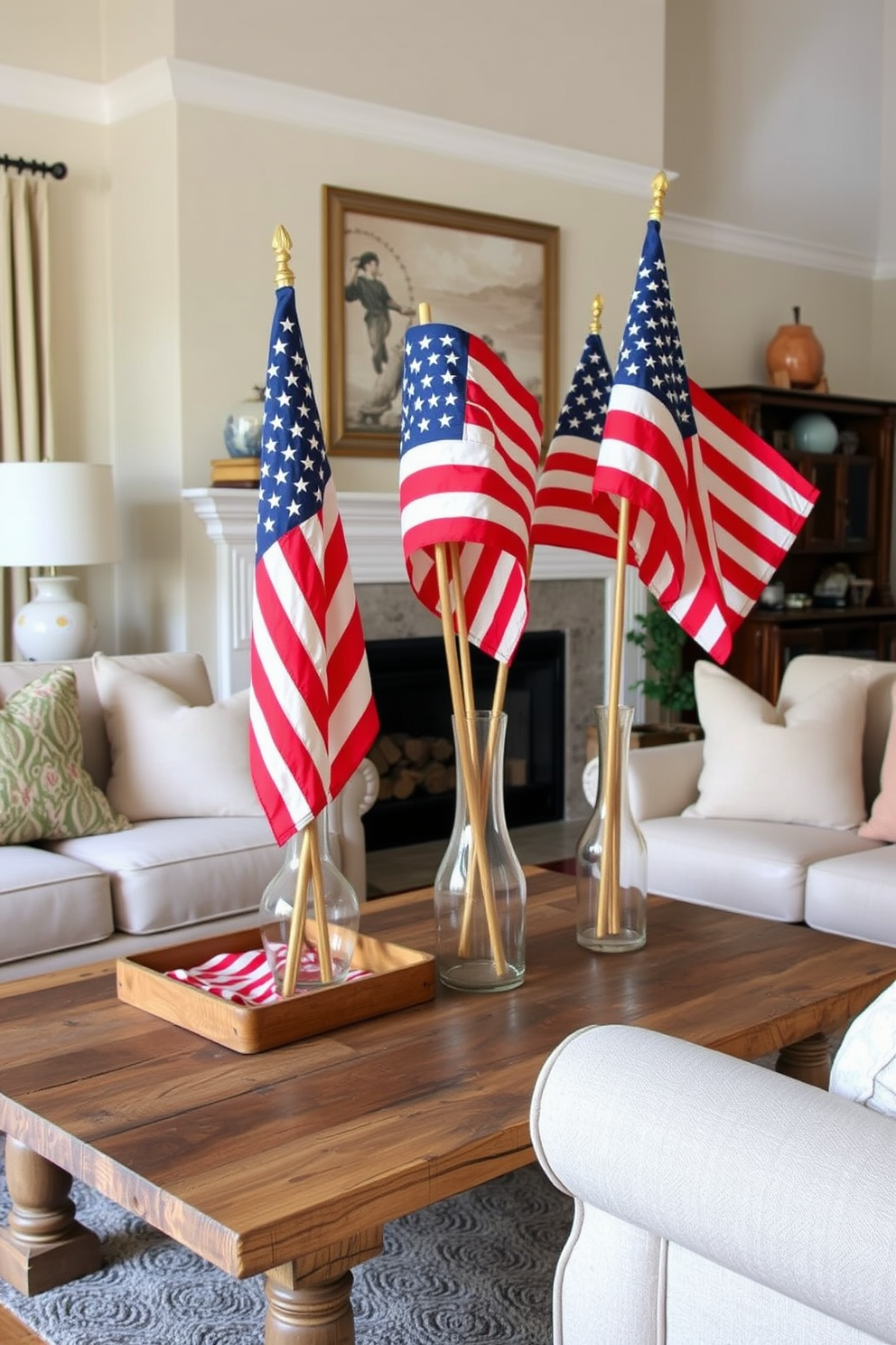 A cozy living room adorned with vintage American flags displayed in elegant glass vases. The room features a warm color palette with soft lighting, creating an inviting atmosphere perfect for Memorial Day celebrations.