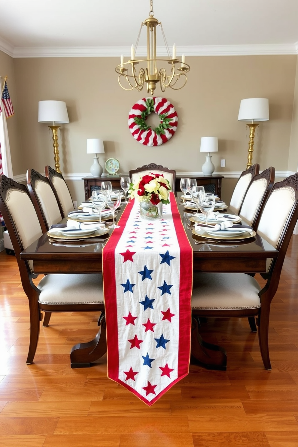 A festive table runner adorned with stars stretches across a beautifully set dining table. The table is surrounded by elegant chairs, and the room is decorated with red, white, and blue accents to celebrate Memorial Day.