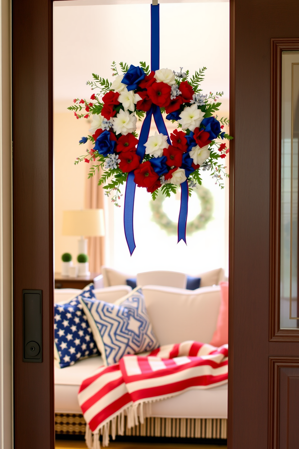 A vibrant DIY wreath made of red white and blue flowers and ribbons hangs on the front door welcoming guests. Inside the living room, patriotic accents like throw pillows and a cozy blanket on the sofa complement the festive wreath, creating a warm and inviting atmosphere.