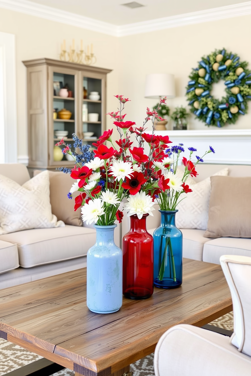 A cozy living room adorned with patriotic colored vase arrangements featuring red white and blue flowers. The vases are placed on a rustic wooden coffee table surrounded by plush seating in neutral tones.