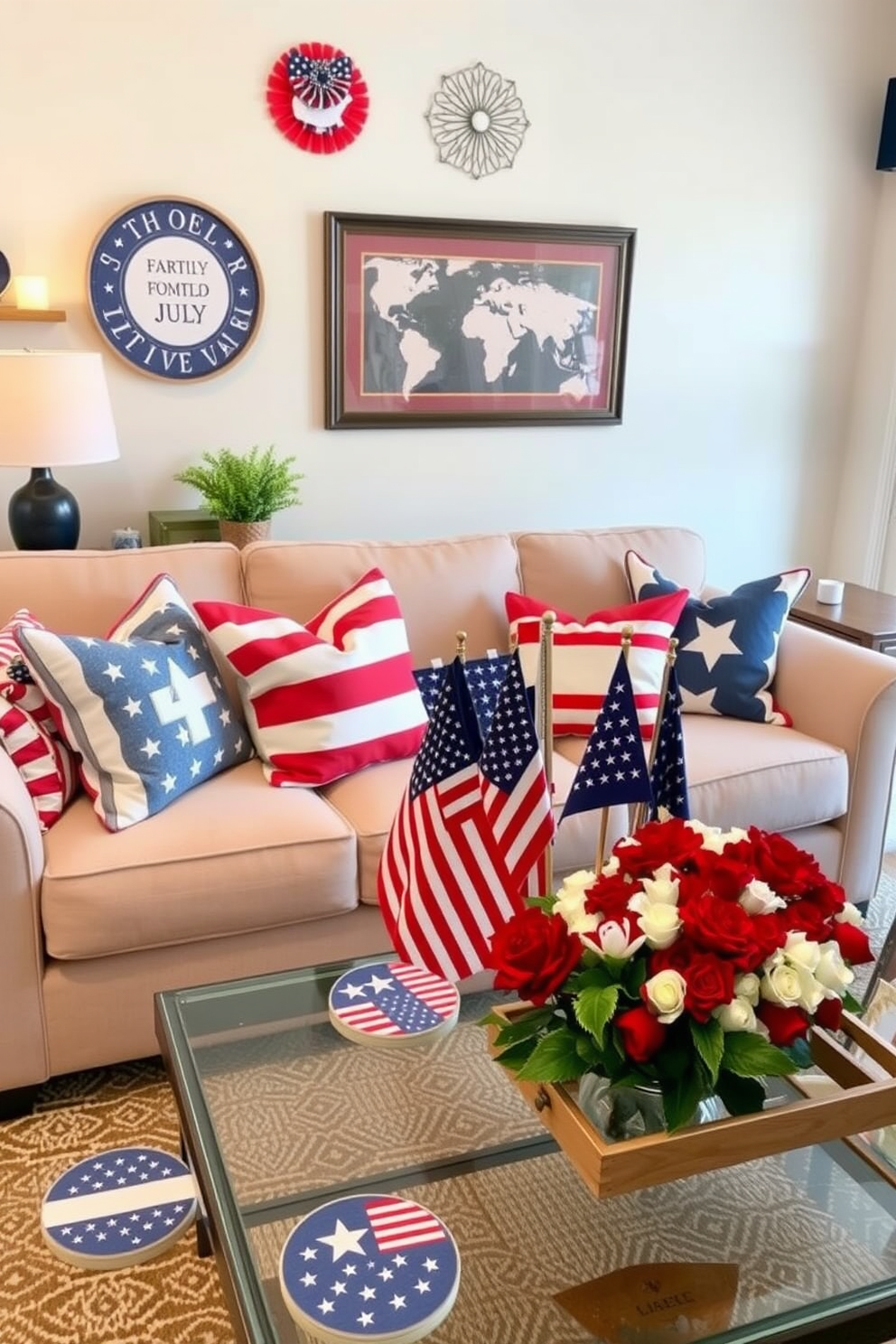 A festive living room adorned with Fourth of July themed coasters. The coasters feature vibrant red white and blue designs showcasing stars and stripes. A cozy living room space decorated for Memorial Day. The decor includes patriotic throw pillows and a tasteful arrangement of flags on the coffee table.