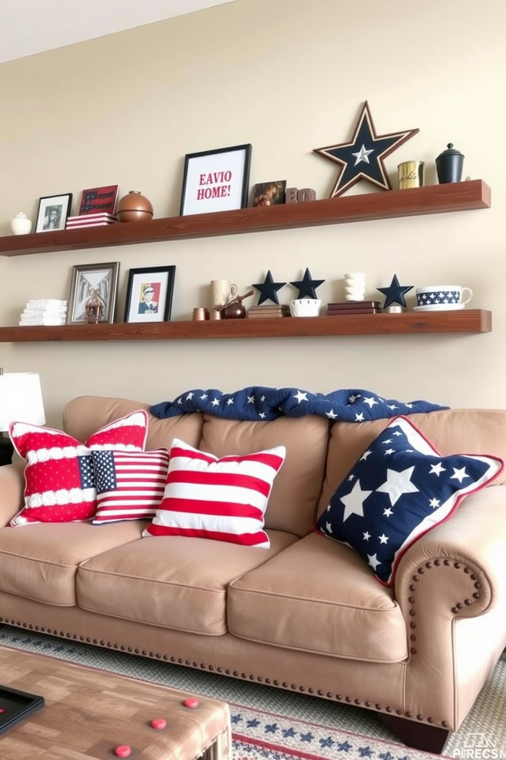 Cozy red white and blue throw pillows are arranged on a plush sectional sofa in a bright and airy loft space. The pillows add a festive touch, complementing the natural light streaming through large windows and enhancing the overall patriotic theme. In the background, a rustic wooden coffee table holds a small arrangement of fresh flowers and candles, creating an inviting atmosphere. The walls are adorned with art pieces that reflect a summer vibe, making the loft feel warm and welcoming for Memorial Day gatherings.