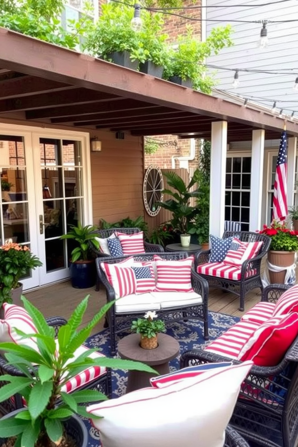 Outdoor seating area featuring a cozy arrangement of furniture with red white and blue cushions that evoke a festive Memorial Day spirit. The space is adorned with potted plants and string lights overhead, creating an inviting atmosphere for gatherings.