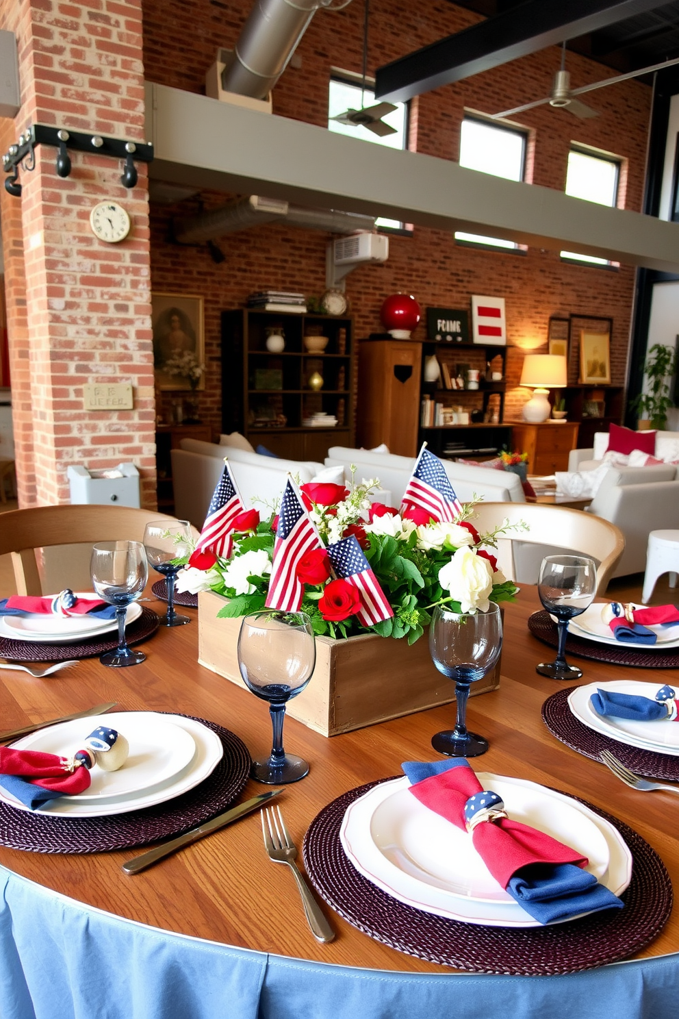 A beautifully arranged table setting features themed dinnerware adorned with red white and blue accents. The centerpiece consists of a rustic wooden box filled with fresh flowers and small American flags. The loft is decorated with a blend of modern and vintage elements creating a cozy yet stylish atmosphere. Exposed brick walls are complemented by soft lighting and comfortable seating areas, making it perfect for entertaining guests.