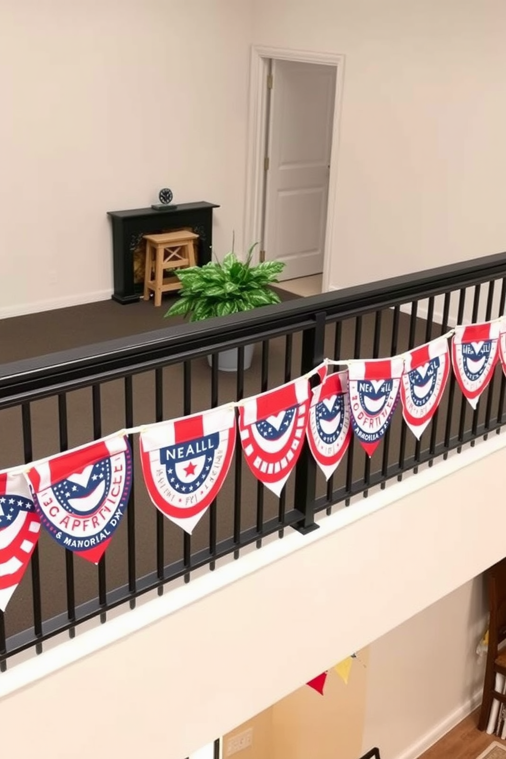 A festive loft setting adorned with colorful bunting along the railing. The bunting features red white and blue patterns celebrating Memorial Day creating a cheerful and patriotic atmosphere.