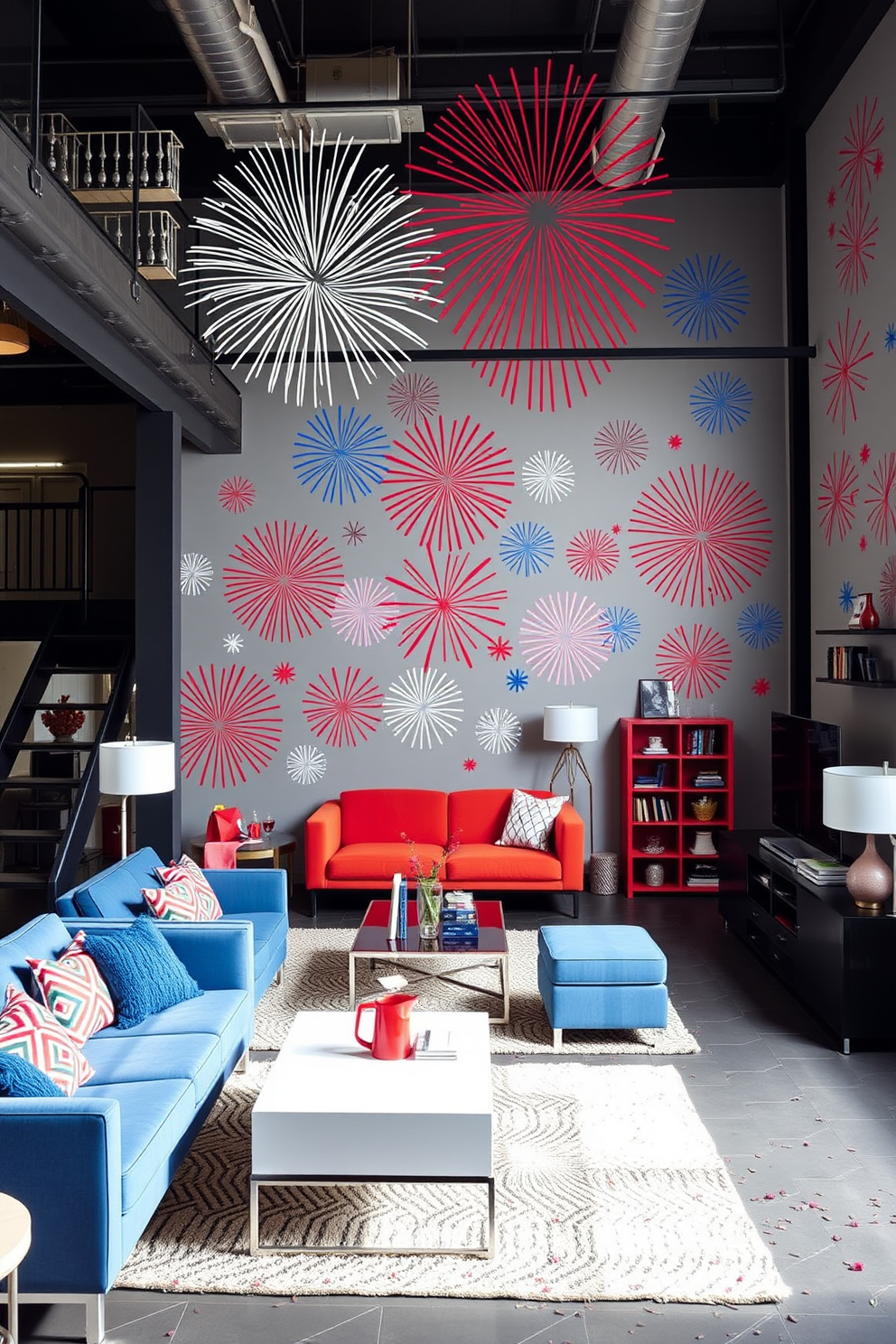 A vibrant loft space adorned with a star and stripe patterned area rug that adds a festive touch. The rug complements the modern furniture and enhances the patriotic theme for a Memorial Day celebration. The area features a cozy seating arrangement with a plush sofa and colorful cushions. Brightly colored artwork on the walls reflects the spirit of the holiday, creating an inviting atmosphere for guests.