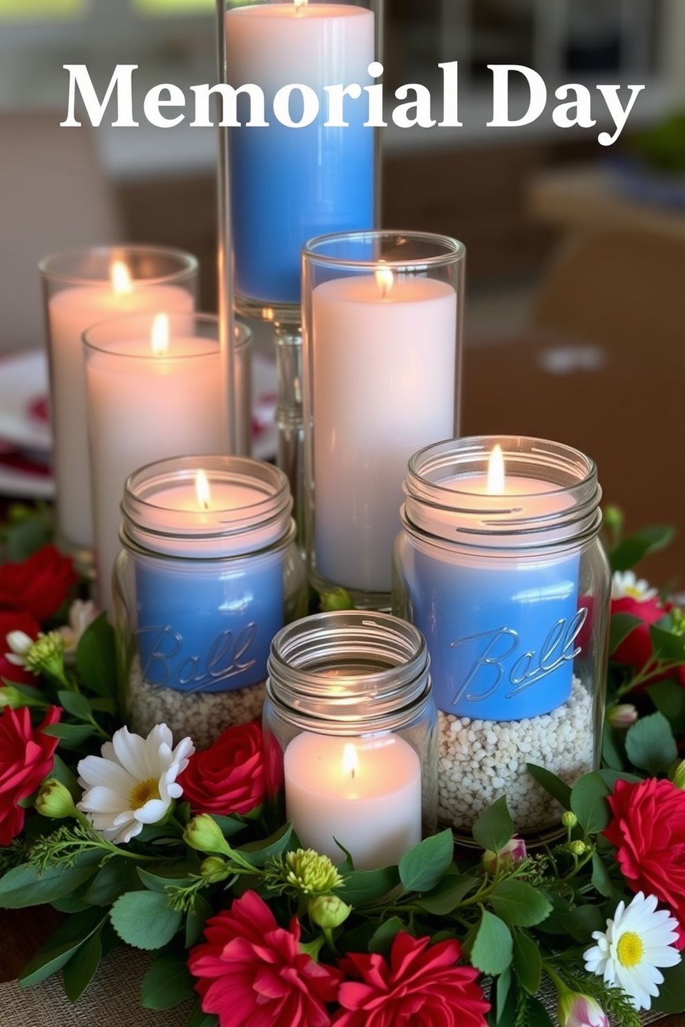 Candle arrangements in mason jars create a warm and inviting atmosphere. Use a variety of jar sizes and shapes, filling them with white and blue candles to reflect the Memorial Day theme. Incorporate natural elements like sand or pebbles at the bottom of the jars for added texture. Surround the jars with fresh flowers and greenery to enhance the overall decor.