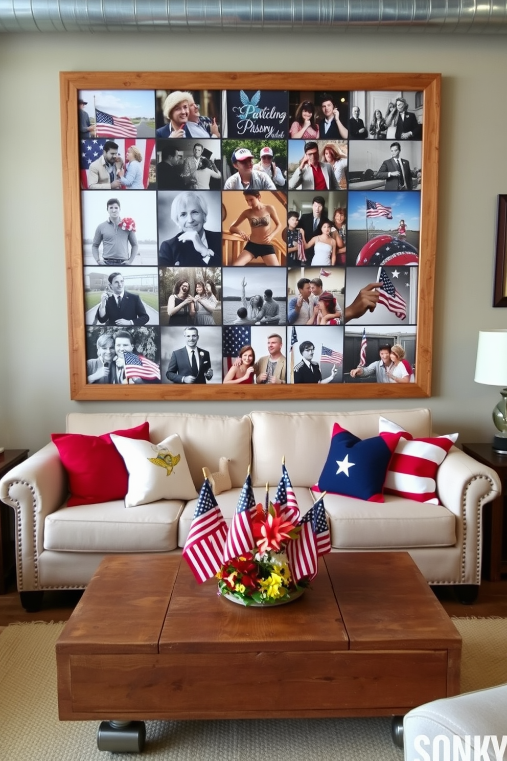 A patriotic photo collage adorns the wall, featuring a mix of vintage and contemporary images that celebrate national pride. The collage is framed by rustic wooden accents, creating a warm and inviting atmosphere in the loft. The decor includes red, white, and blue throw pillows on a comfortable sofa, enhancing the patriotic theme. A coffee table made of reclaimed wood sits in the center, topped with a decorative arrangement of small flags and seasonal flowers.