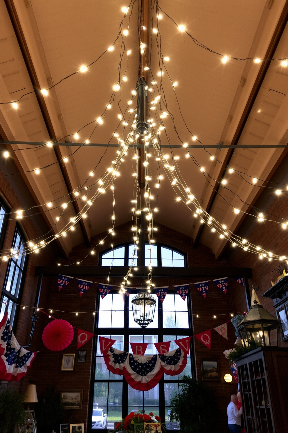 A cozy loft living room adorned with patriotic themed throw blankets draped over stylish sofas. The space features exposed brick walls and large windows that let in natural light, creating a warm and inviting atmosphere.