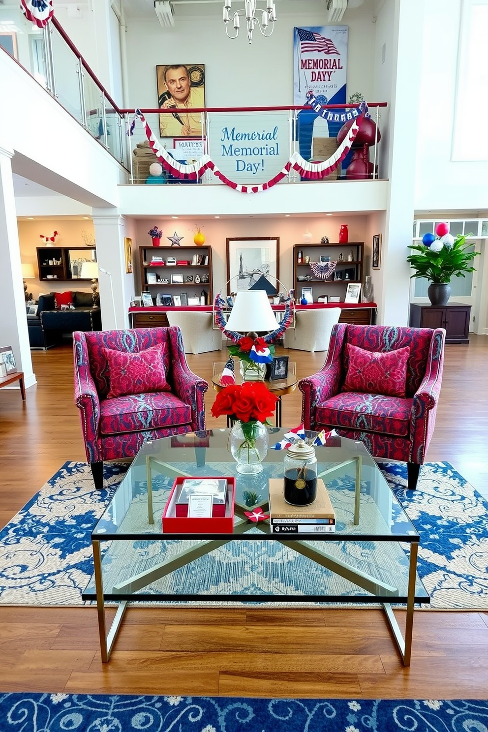 Accent chairs with vibrant upholstery are strategically placed around a sleek glass coffee table. The chairs feature bold patterns and colors, adding a playful touch to the overall decor. The loft space is adorned with festive decorations that celebrate Memorial Day. Red, white, and blue accents are incorporated throughout, creating a patriotic and inviting atmosphere.