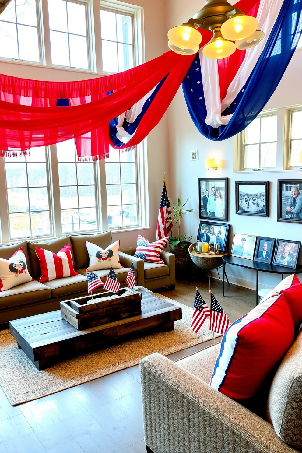 Seasonal banners in vibrant red white and blue colors are draped gracefully across large windows creating a festive atmosphere. The loft features cozy seating arrangements with patriotic throw pillows and a rustic wooden coffee table adorned with small American flags. The walls are decorated with framed photographs of past Memorial Day celebrations adding a personal touch. Soft lighting from stylish fixtures enhances the warm ambiance making it an inviting space for gatherings.