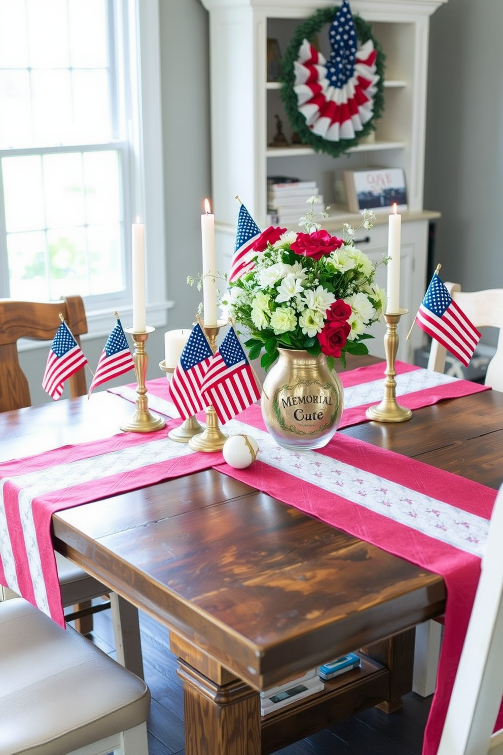 A rustic wooden table is adorned with themed decor celebrating Memorial Day. Red white and blue table runners and candles are complemented by small American flags and fresh flowers in a vintage vase.