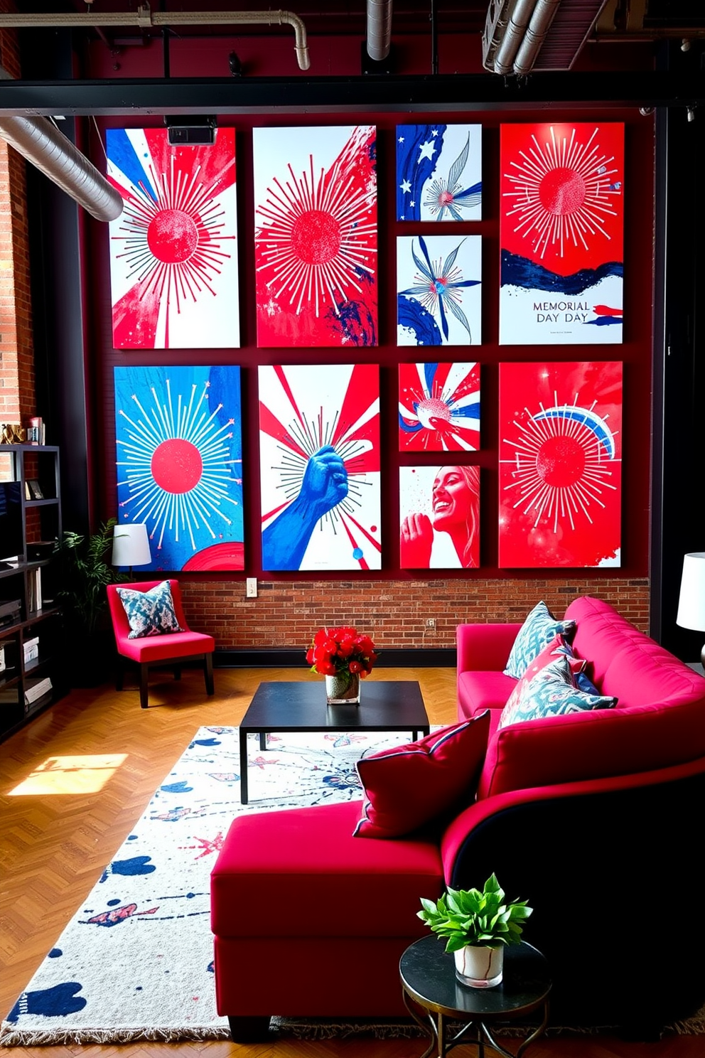 A vibrant loft space adorned with a striking red white and blue wall art display. The artwork features abstract designs that celebrate Memorial Day, creating a festive and patriotic atmosphere.