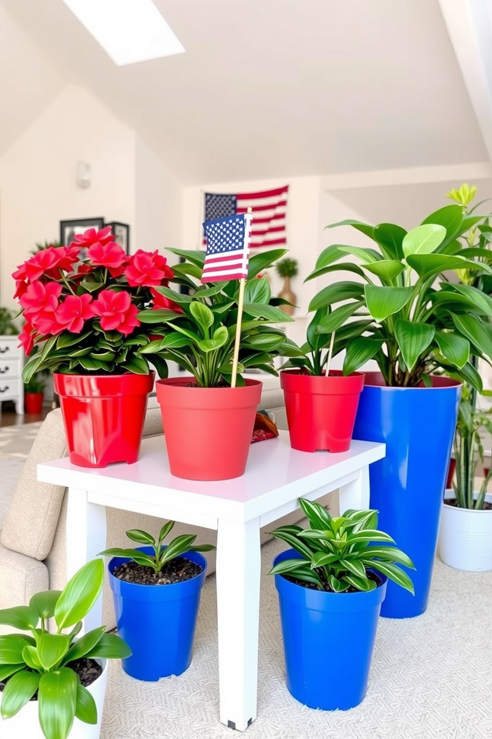 A cozy loft space decorated for Memorial Day featuring potted plants in vibrant red white and blue pots. The plants are strategically placed throughout the room adding a festive touch to the overall decor.