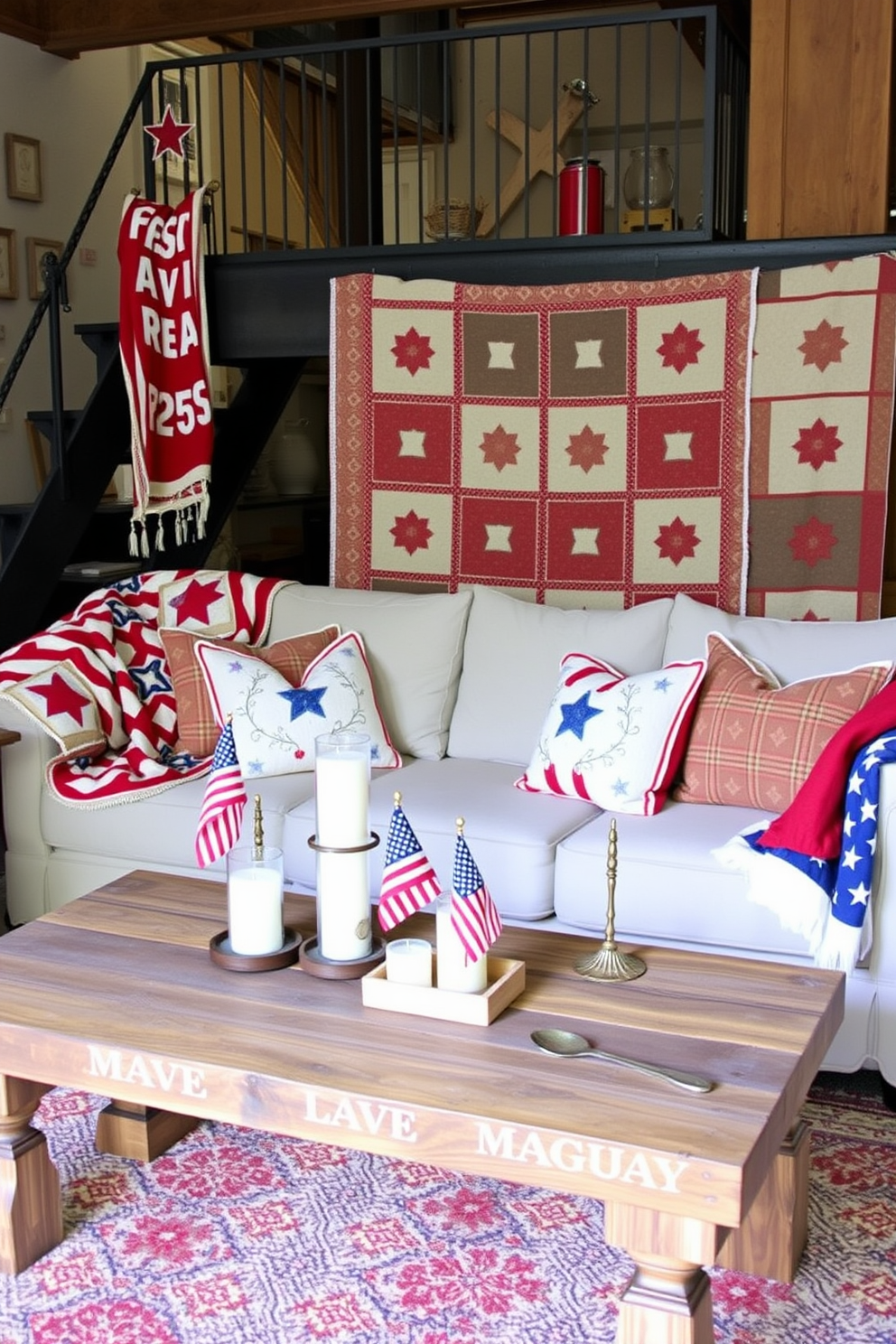 Tabletop flags adorn the dining table, adding a festive touch for Memorial Day celebrations. The table is set with elegant dinnerware, and a centerpiece of fresh flowers complements the patriotic theme. On the coffee table, small flags are arranged alongside decorative candles and a rustic wooden tray. The cozy loft space features soft lighting and comfortable seating, creating an inviting atmosphere for gathering with friends and family.