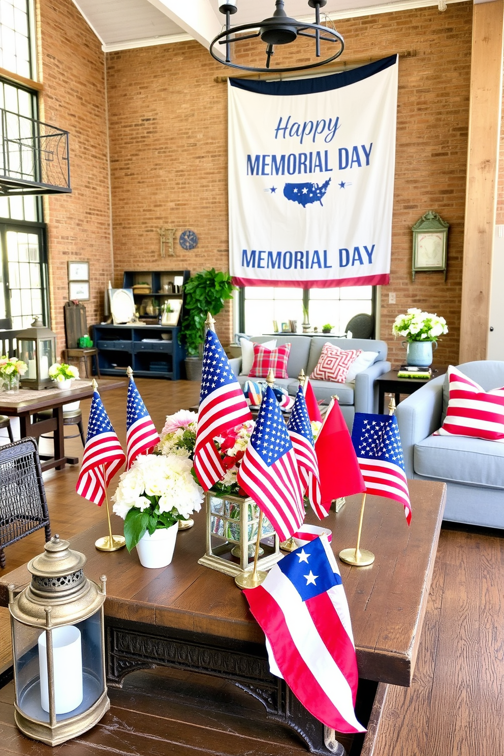 Tabletop flags in various sizes are arranged on a rustic wooden table, creating a festive atmosphere for Memorial Day. The flags feature vibrant red, white, and blue colors, complementing the surrounding decor of vintage lanterns and fresh flowers. The loft is decorated with a mix of modern and vintage elements, showcasing an open space filled with natural light. Cozy seating areas are adorned with patriotic throw pillows, and a large banner hangs on the wall, celebrating the spirit of the holiday.