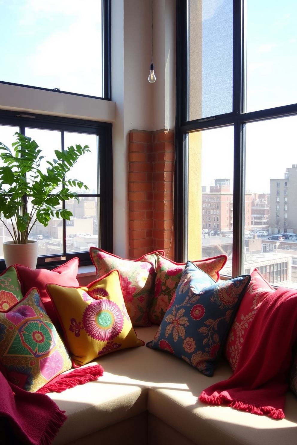 Bold colored cushions adorn the window seats, creating a vibrant and inviting atmosphere. The cushions feature a mix of geometric patterns and floral designs, enhancing the loft's eclectic style. Incorporate natural light by ensuring large windows are unobstructed, allowing sunlight to pour in. Add decorative throw blankets in complementary colors to enhance comfort and warmth in the space.