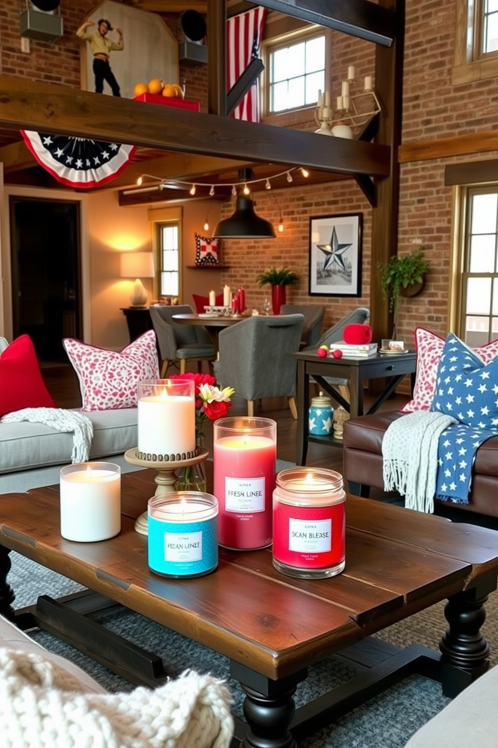 Star patterned curtains drape elegantly from the ceiling, adding a whimsical touch to the festive atmosphere. The curtains feature a deep blue background adorned with white stars, creating a striking contrast against the light walls of the loft. In the living area, a cozy seating arrangement is complemented by vibrant throw pillows in red and white hues. A rustic wooden coffee table sits at the center, adorned with a festive centerpiece of fresh flowers and small American flags.