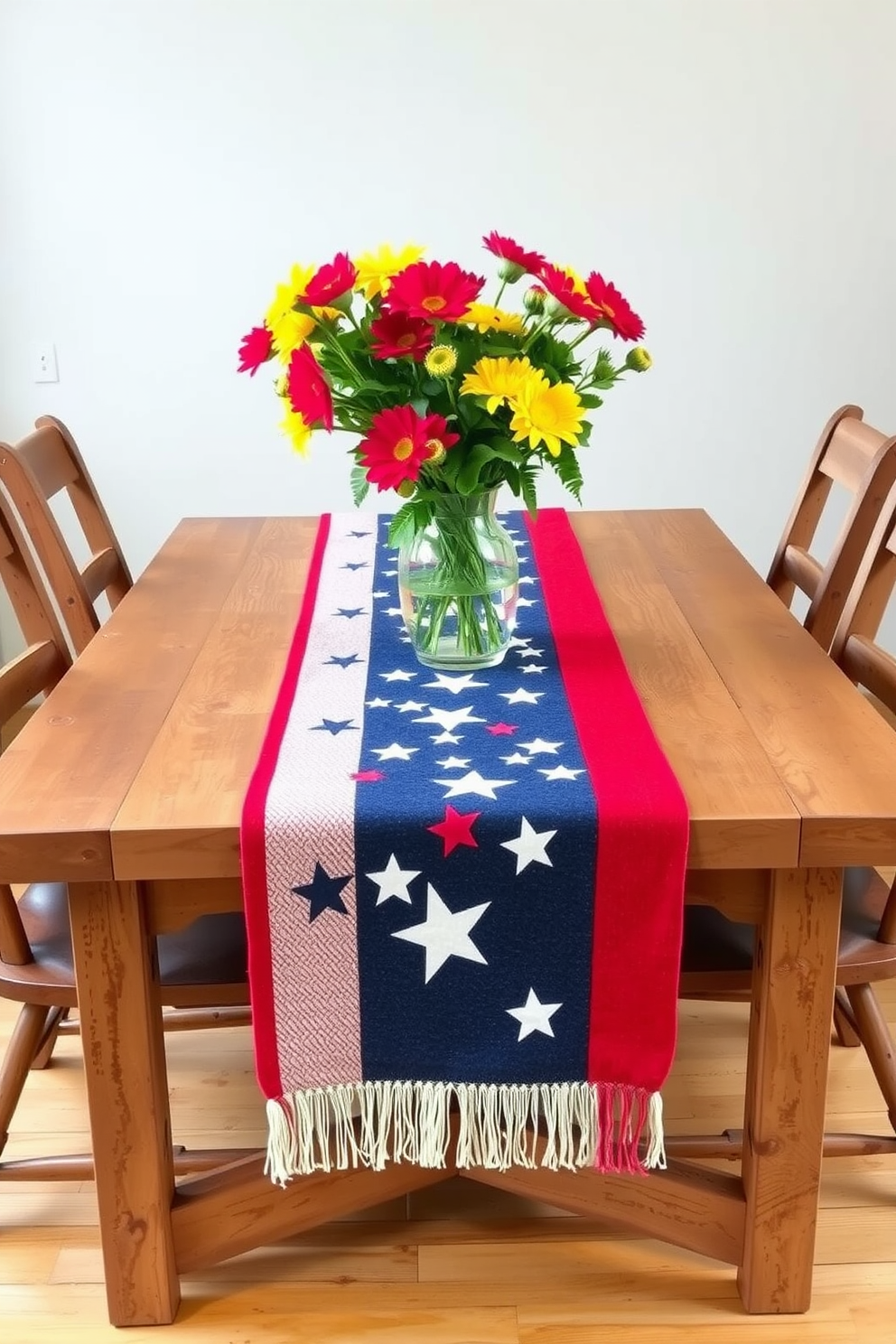 A festive dining table adorned with a stars and stripes table runner as the centerpiece. The runner features bold red, white, and blue colors, creating a patriotic vibe perfect for Memorial Day celebrations. Surrounding the table are rustic wooden chairs that complement the decor. Brightly colored flowers in a simple vase add a touch of freshness to the overall loft design.