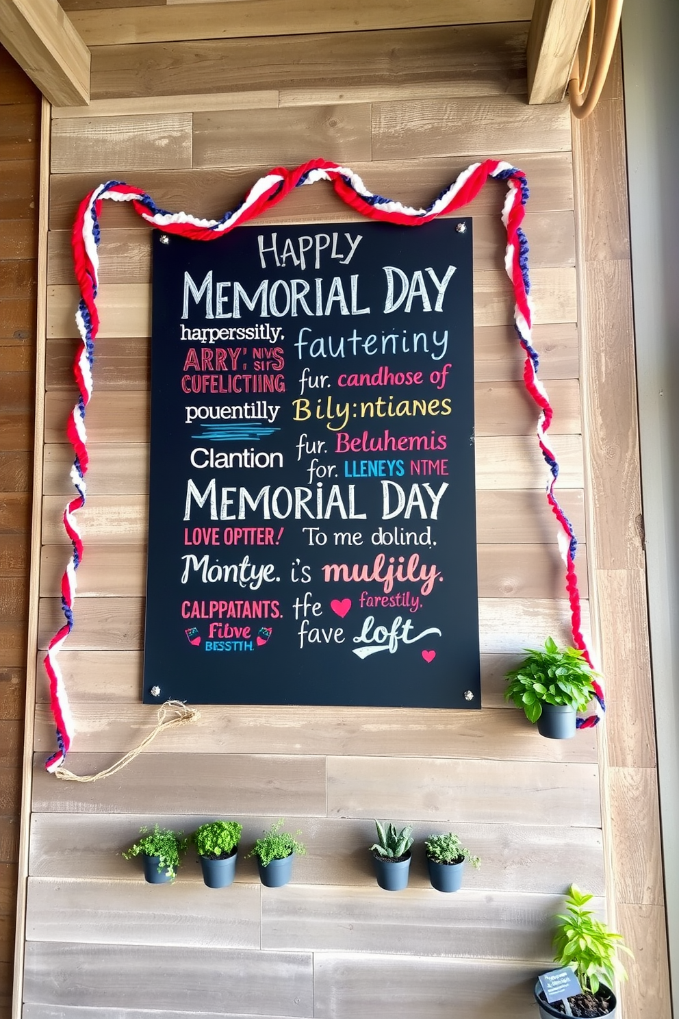 A large chalkboard is mounted on a rustic wooden wall, featuring an array of colorful festive quotes celebrating Memorial Day. Surrounding the chalkboard, there are decorative elements such as red, white, and blue garlands and small potted plants that add a touch of greenery to the loft space.