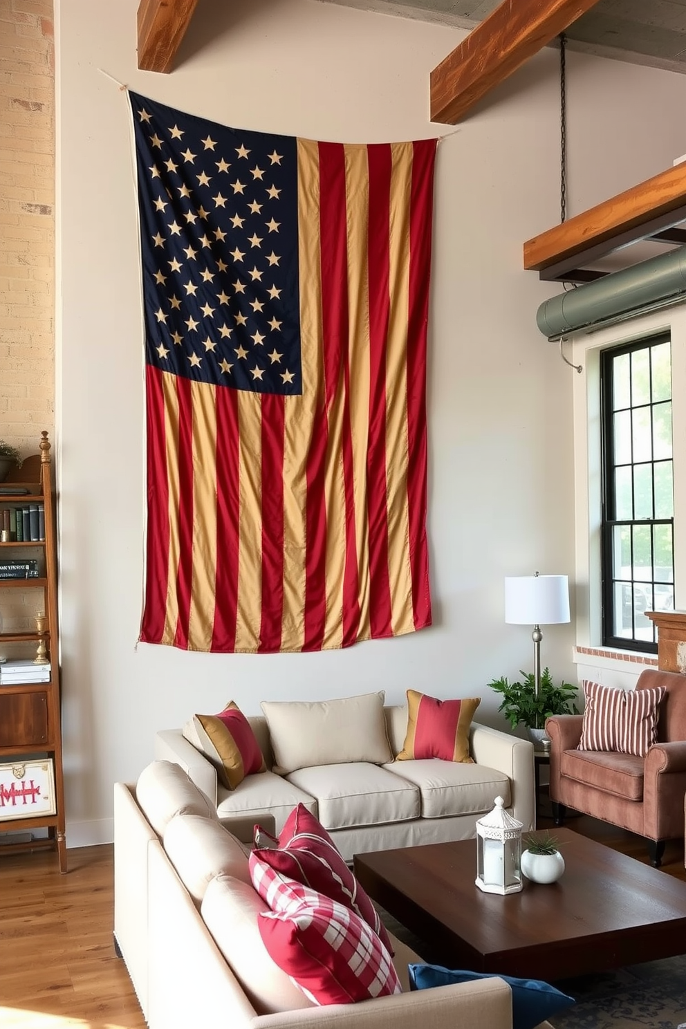 A vintage American flag is prominently displayed on the wall, adding a touch of patriotic charm to the loft space. The flag's faded colors and worn texture create a warm, nostalgic atmosphere that complements the rustic decor. In the room, a mix of modern and vintage furnishings enhances the Memorial Day theme. Cozy seating arrangements and subtle red, white, and blue accents create an inviting environment perfect for gatherings.