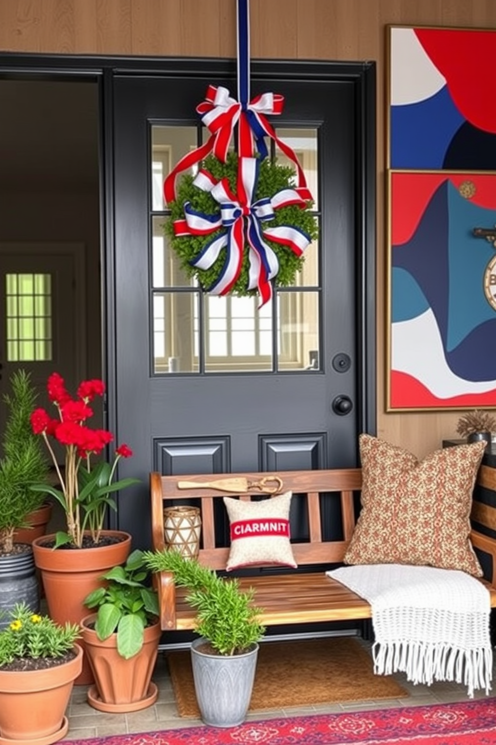 A festive wreath adorned with red white and blue ribbons hangs on the front door welcoming guests with a patriotic touch. The entryway is brightened with potted plants and a rustic bench that invites relaxation and celebration of the holiday. Inside the loft the decor features a blend of modern and vintage elements creating a warm and inviting atmosphere. Striking artwork in bold colors adorns the walls while cozy textiles and seasonal accents enhance the festive spirit throughout the space.