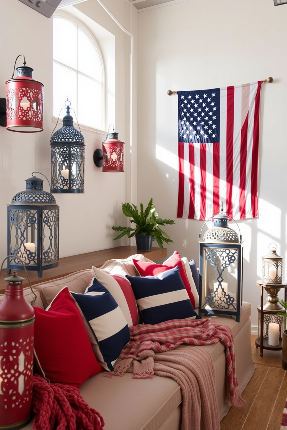 Decorative lanterns in red white and blue hues are strategically placed around the loft creating a festive atmosphere for Memorial Day. The lanterns are made of metal and glass featuring intricate cut-out designs that cast beautiful shadows on the walls when lit. Cushions and throws in coordinating colors are scattered across the seating area enhancing the patriotic theme. A large American flag hangs on the wall serving as a focal point and adding to the overall celebratory decor.