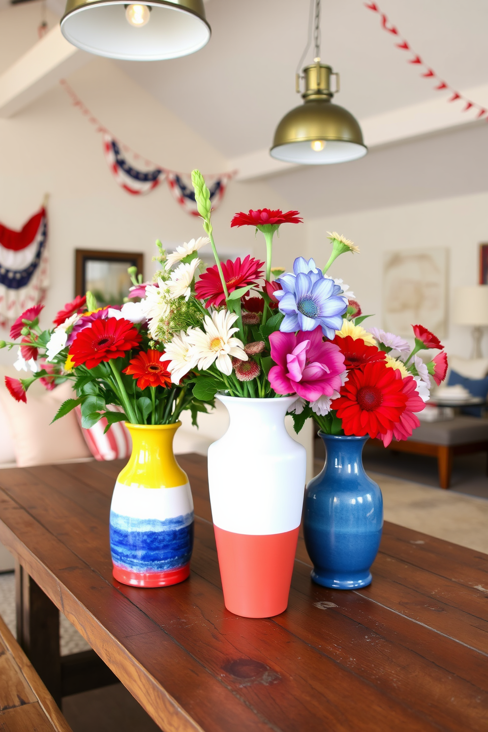 Colorful vases filled with seasonal flowers are arranged on a rustic wooden table. The vases feature a mix of vibrant hues and unique shapes, creating a lively and inviting atmosphere perfect for a Memorial Day celebration. The loft is decorated with red, white, and blue accents, incorporating patriotic elements such as bunting and cushions. Soft lighting from stylish pendant lamps enhances the cozy ambiance, making it an ideal space for gathering with friends and family.