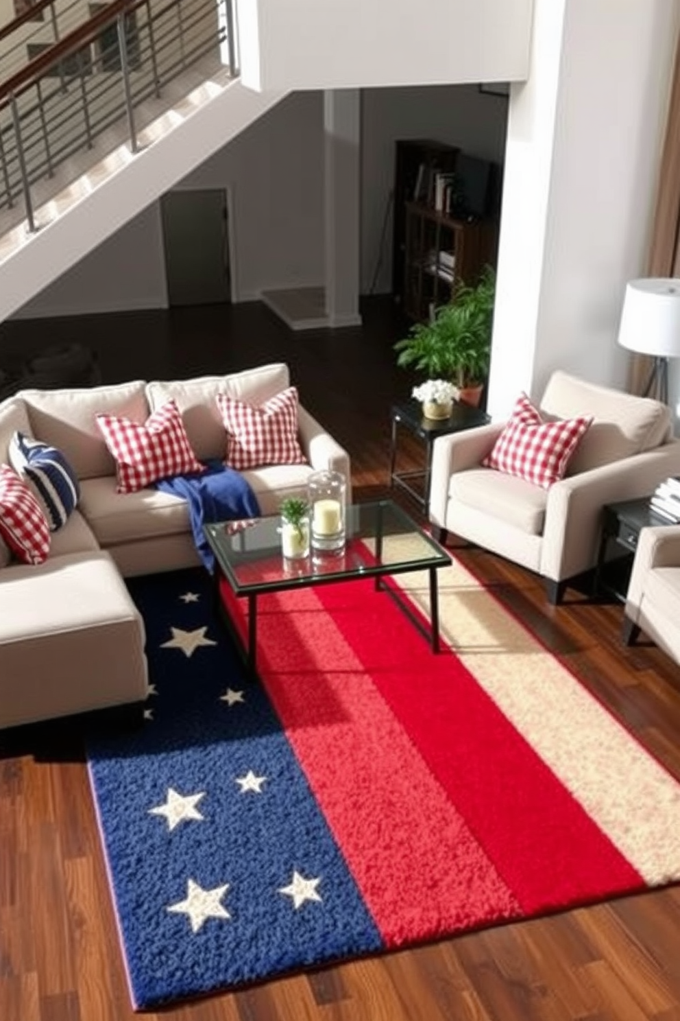 A patriotic-themed area rug featuring red white and blue colors is placed in the center of the loft creating a warm and inviting atmosphere. The rug's design incorporates stars and stripes adding a festive touch perfect for Memorial Day celebrations. Surrounding the rug are modern furnishings in neutral tones that complement the vibrant colors of the rug. Decorative pillows with subtle patriotic motifs are arranged on the sofa enhancing the overall theme while providing comfort and style.