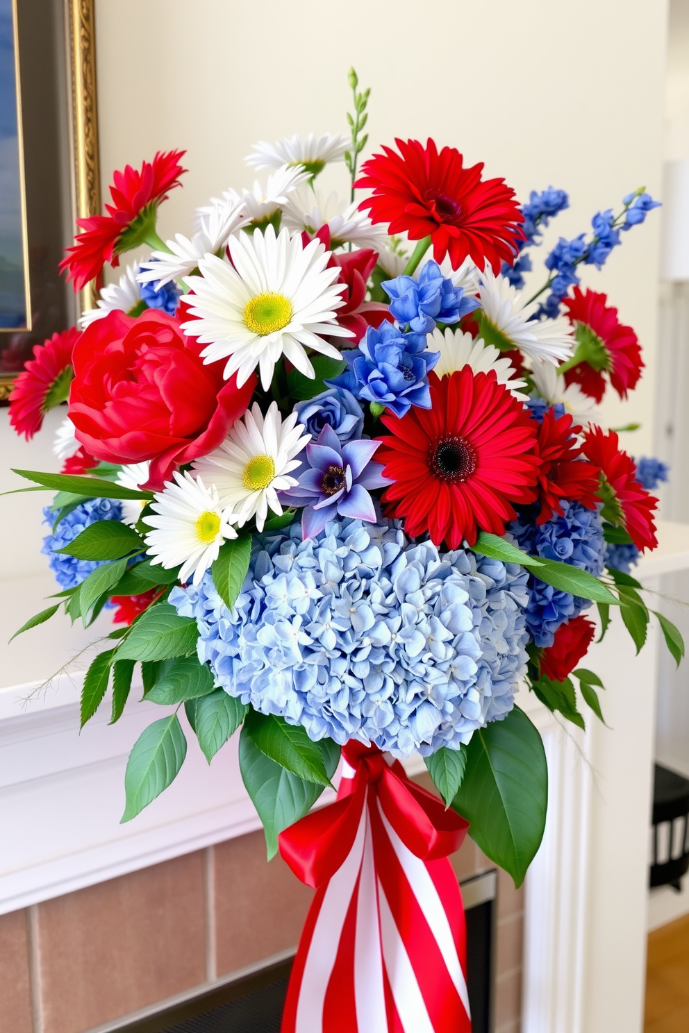 A vibrant floral arrangement featuring red white and blue flowers is artfully displayed on the mantel. The arrangement includes a mix of peonies daisies and hydrangeas creating a festive and patriotic atmosphere for Memorial Day.