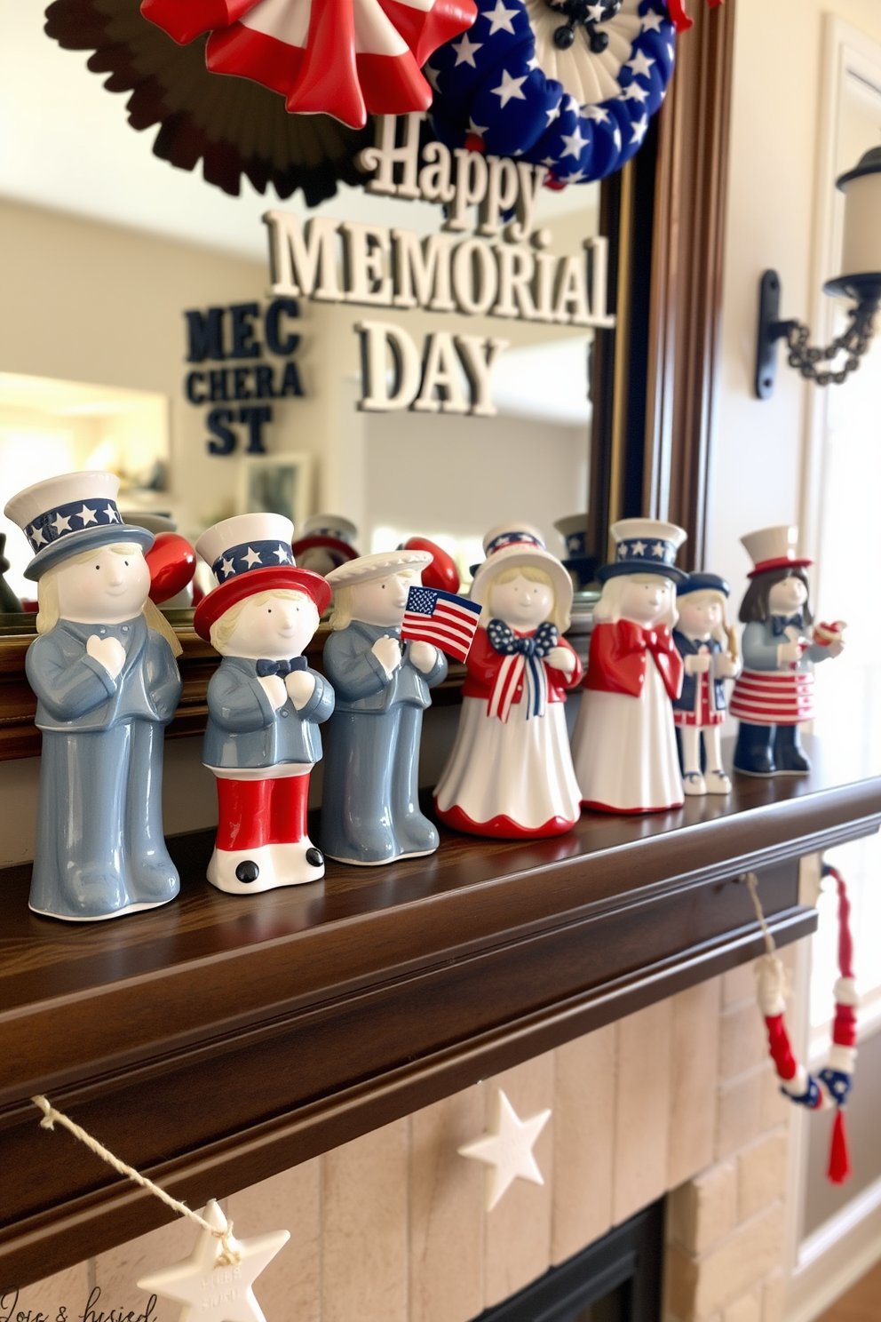 Ceramic patriotic themed figurines are arranged on a mantel, celebrating Memorial Day with a vibrant display. The figurines feature red, white, and blue colors, capturing the essence of the holiday and creating a warm, inviting atmosphere.