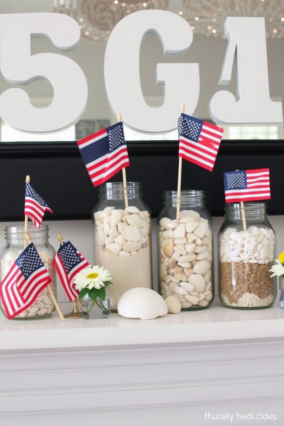 Create a charming mantel display for Memorial Day featuring glass jars filled with sand and shells. Arrange the jars of varying heights alongside small flags and seasonal flowers for a festive touch.