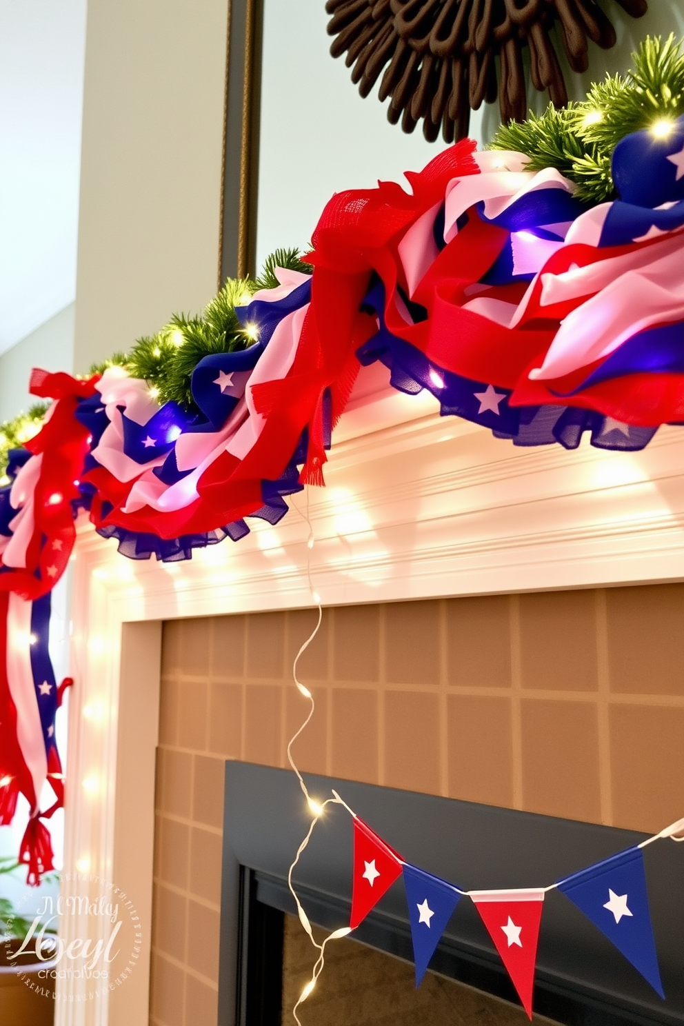 Layered garlands of red white and blue adorn a festive mantel, creating a patriotic ambiance. The garlands are interspersed with twinkling fairy lights and complemented by small decorative flags for a vibrant touch.