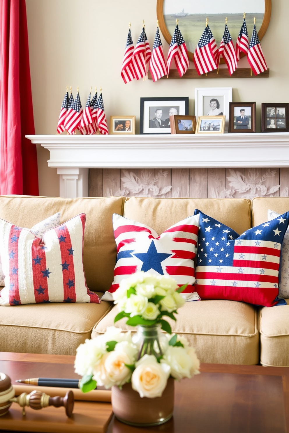 Rustic wood signs adorned with patriotic quotes create a warm and inviting atmosphere for your Memorial Day mantel. The signs feature distressed finishes and bold lettering, complemented by seasonal greenery and small American flags for a festive touch.