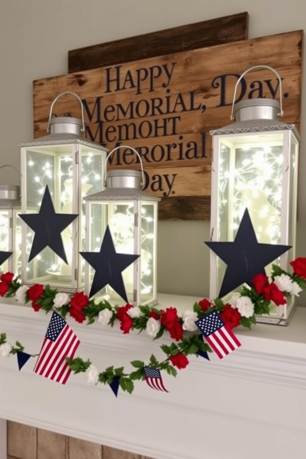 Decorative lanterns with star cutouts are arranged on a mantel, creating a warm and inviting atmosphere. The lanterns are filled with soft white lights that twinkle gently, enhancing the festive spirit of Memorial Day. Surrounding the lanterns, red white and blue accents are incorporated through garlands of flowers and small flags. A backdrop of a rustic wooden sign with a patriotic message completes the mantel decor, celebrating the holiday with style.