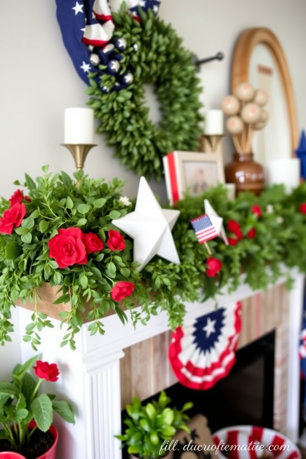 A charming mantel adorned with potted plants featuring vibrant red white and blue blooms. The arrangement includes a mix of flowering plants and greenery, creating a festive and inviting atmosphere for Memorial Day celebrations.