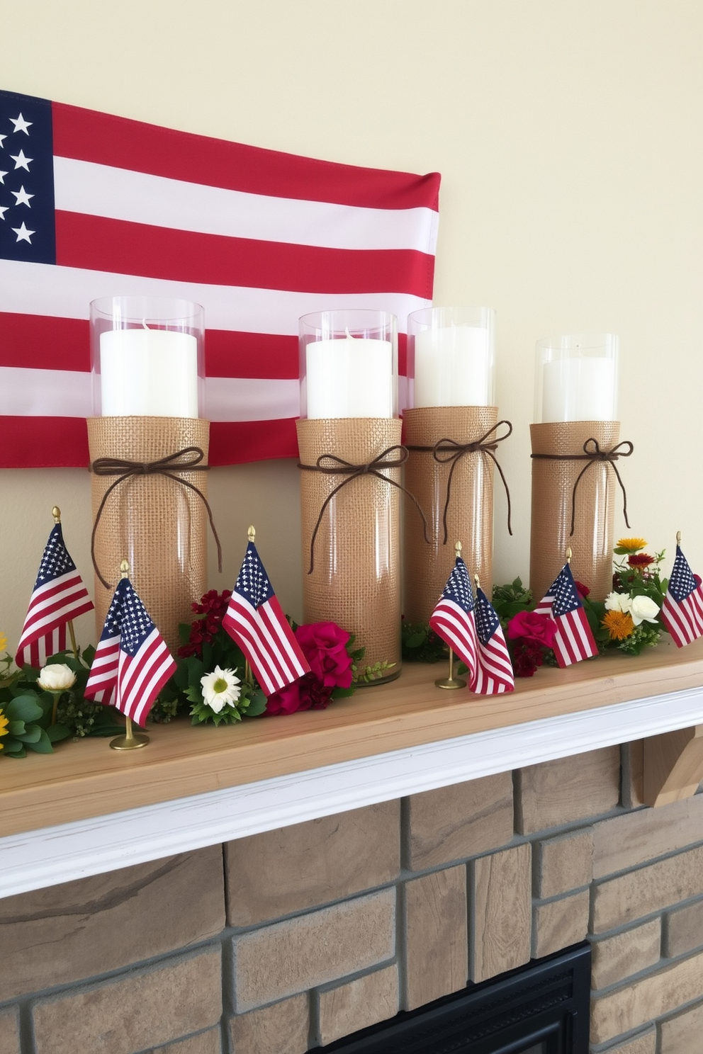 A cozy living room setting featuring a fireplace screen adorned with patriotic motifs celebrating Memorial Day. The mantel is elegantly decorated with red white and blue accents including candles and small flags creating a festive atmosphere.