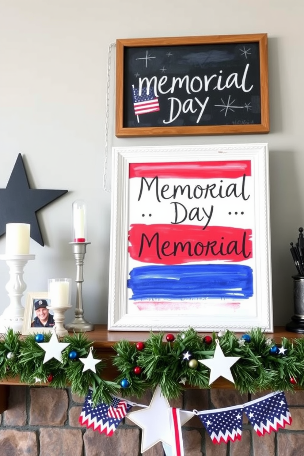 A festive mantel adorned with a red blue and white striped tablecloth that drapes elegantly over the edge. Surrounding the tablecloth are decorative items such as small American flags, star-shaped candles, and seasonal flowers in vibrant colors.