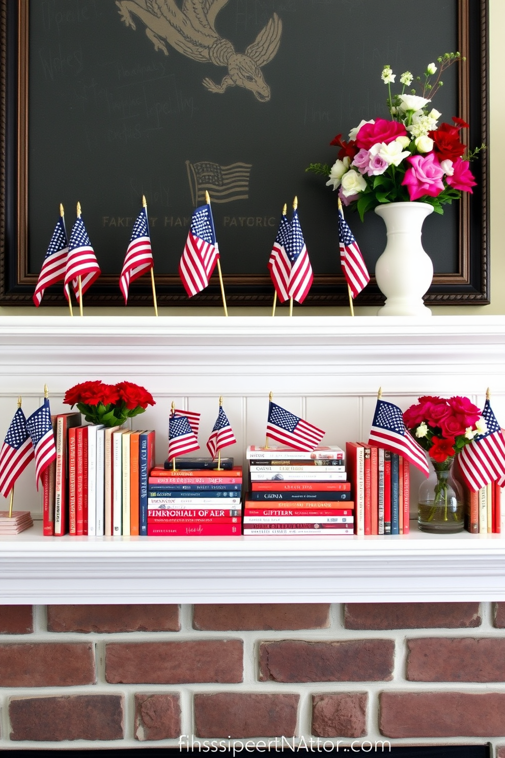 A festive garland made of colorful paper stars drapes elegantly across the mantel, bringing a cheerful atmosphere to the room. The stars are in shades of red, white, and blue, perfectly capturing the spirit of Memorial Day celebrations.