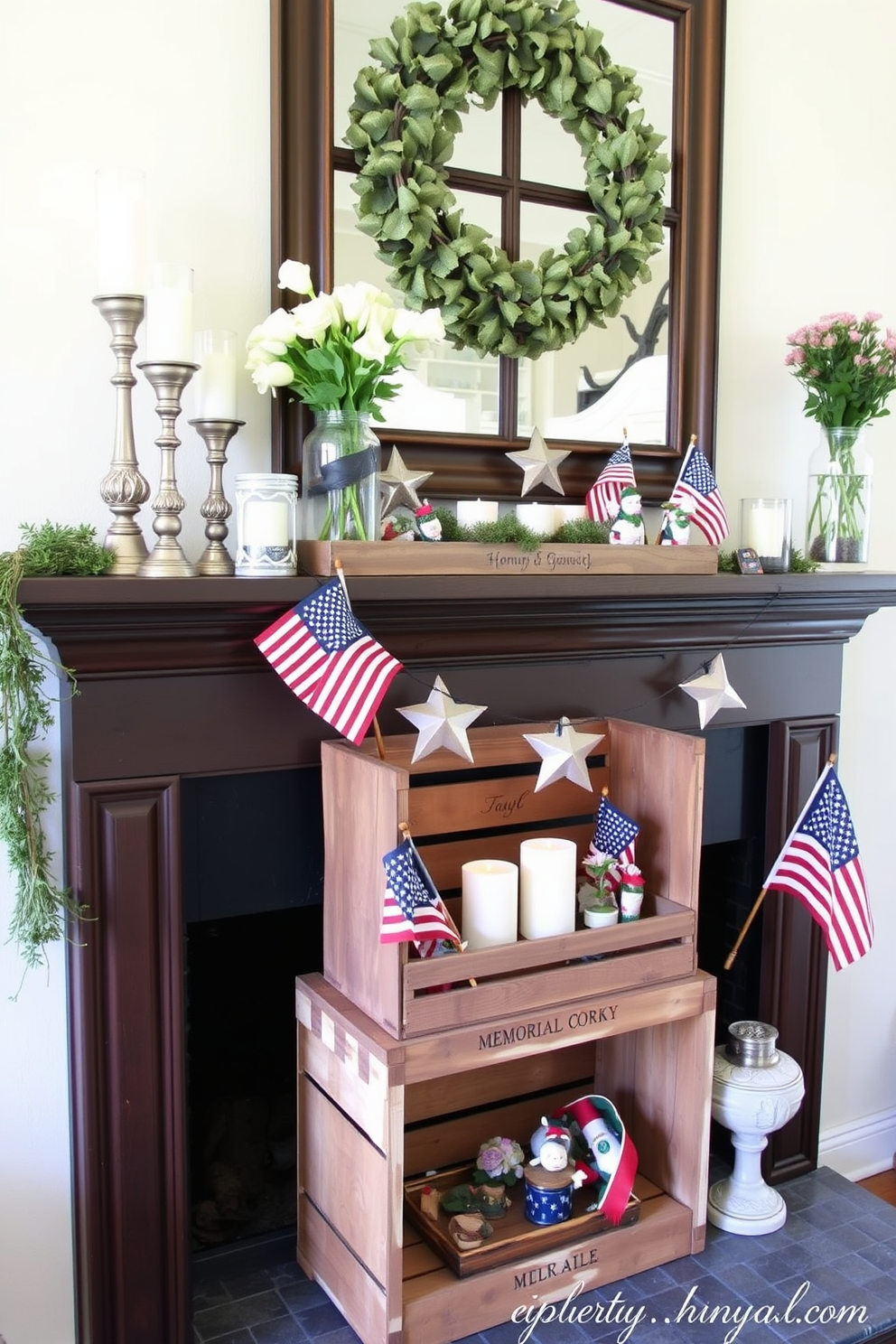 A charming mantel decorated for Memorial Day features vintage wooden crates stacked artistically. Each crate holds an assortment of decorative items including small flags, candles, and seasonal flowers, creating a warm and inviting atmosphere.