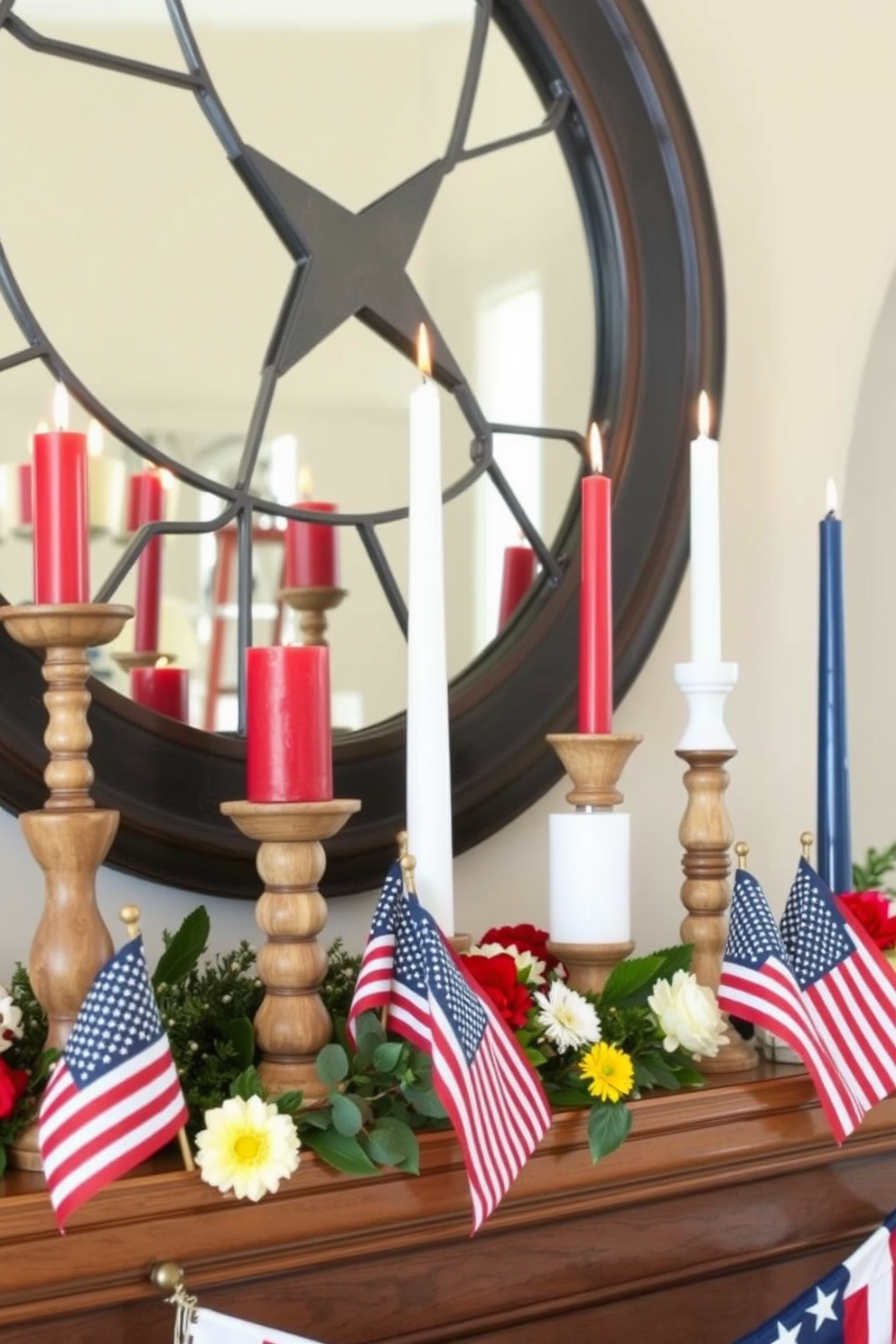 A patriotic themed mantel decorated for Memorial Day features an array of candles in red white and blue hues. The candle holders are crafted from rustic materials and arranged artfully alongside small American flags and seasonal flowers.