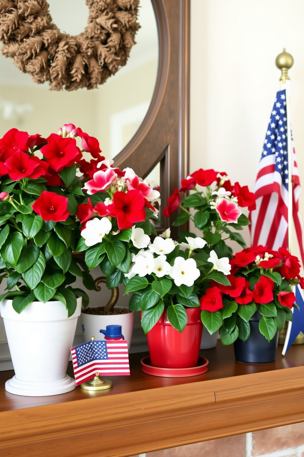 A charming mantel decorated for Memorial Day features an arrangement of potted plants showcasing vibrant red white and blue blooms. The plants are strategically placed alongside patriotic-themed decor items to create a festive and inviting atmosphere.