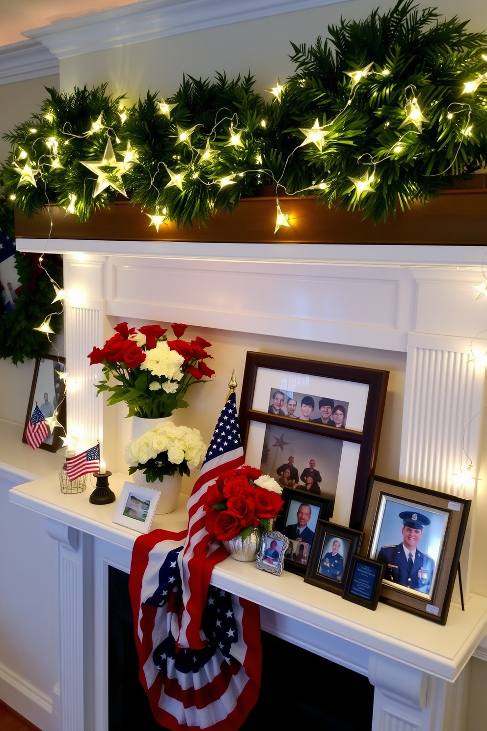 A charming mantel decorated for Memorial Day features an array of vintage postcards showcasing patriotic imagery. The postcards are arranged in a visually appealing manner, complemented by small American flags and seasonal flowers for a festive touch.