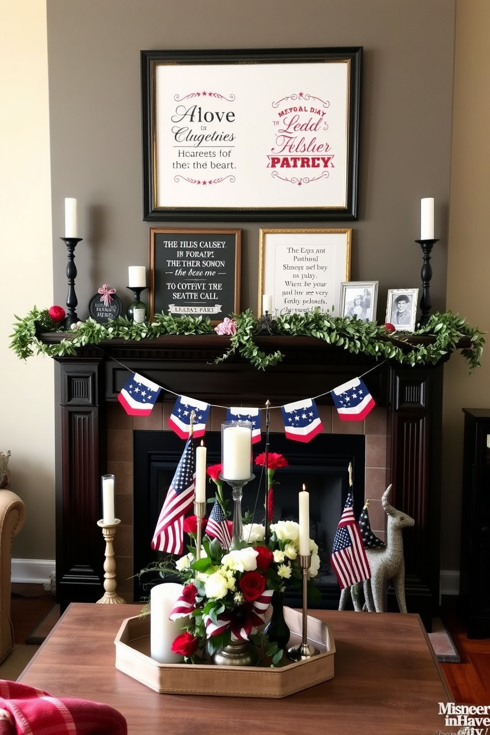 A cozy living room setting with a beautifully decorated mantel showcasing wall art featuring patriotic quotes. The mantel is adorned with seasonal decorations for Memorial Day, including red white and blue accents and a tasteful arrangement of candles and flowers.