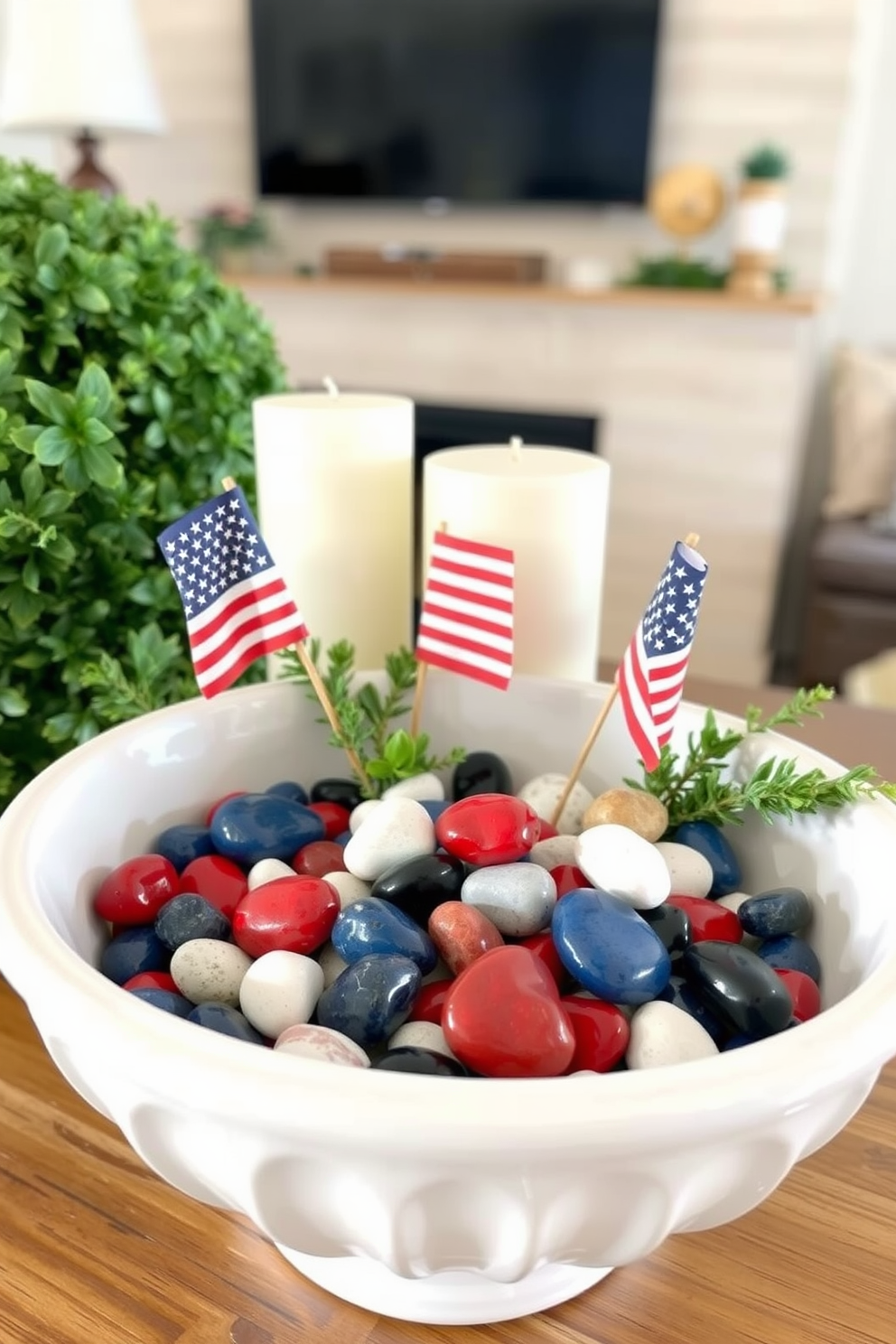 Create a warm and inviting mantel display for Memorial Day. Feature decorative bowls filled with an assortment of colored stones in red, white, and blue, arranged tastefully among seasonal greenery and small American flags.