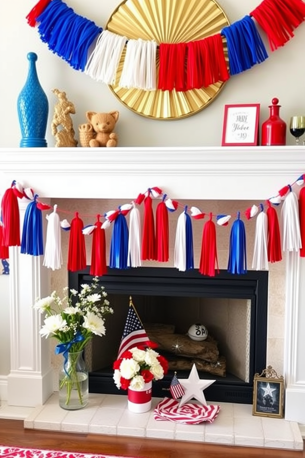 A festive mantel adorned with tassel garlands in vibrant red, white, and blue creates a cheerful atmosphere for Memorial Day celebrations. The garlands drape elegantly across the mantel, complemented by patriotic-themed decor and fresh flowers in coordinating colors.