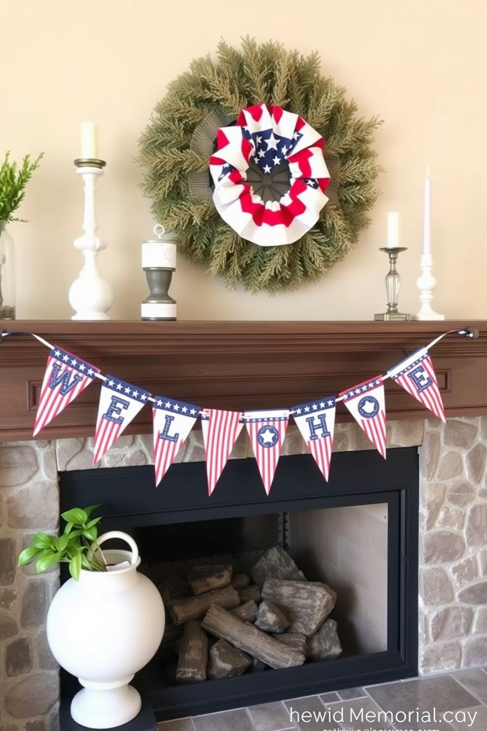 Patriotic themed coasters are displayed on a rustic wooden mantel, featuring vibrant red, white, and blue designs that celebrate national pride. Surrounding the coasters are small decorative items like miniature flags and candles in glass holders, creating a festive and inviting atmosphere for Memorial Day. The mantel is adorned with a lush green garland intertwined with stars and stripes ribbon, adding a touch of elegance to the patriotic theme. Above the mantel, a framed artwork depicting a serene landscape in soft colors complements the lively decorations below.